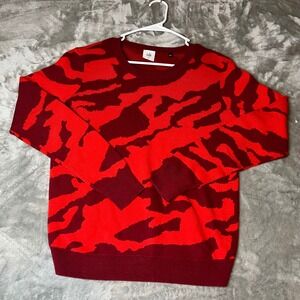 Cabi Womens Pullover Sweater Red Camo Long Sleeve Crew Neck Tight Knit Boho M